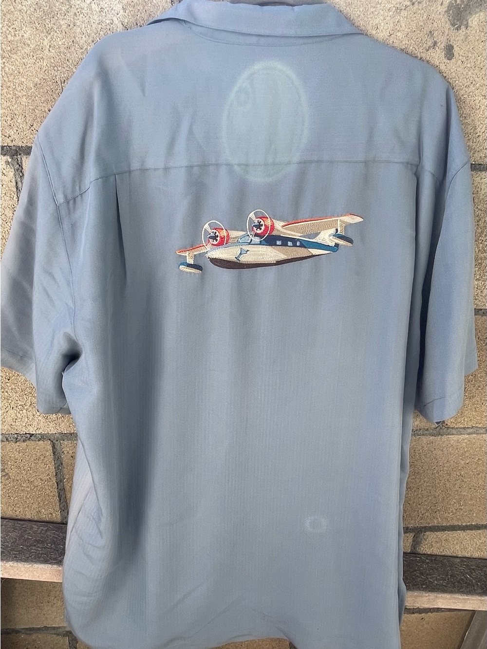 Weekender Seaplane Embroidered Camp Shirt Light Blue Short Sleeve Button Up XL